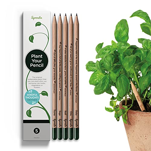 Sprout Wood-Cased Pencils | Mindful Thoughts Edition | HB Pre-Sharpened Graphite Plantable Wooden Pencils with Flower, Herb & Vegetable Seeds | Gift with Inspirational Quotes | 5 Pack
