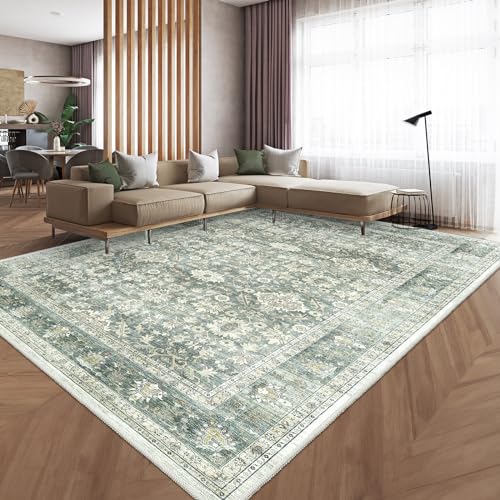 HOMFINE Machine Washable Rug 5'x7' - Vintage Design Area Rugs with Non Slip Rugs for Living Room Bedroom Floral Print Rug Carpet Stain Resistant, Home Decor Office Area Rug, Green