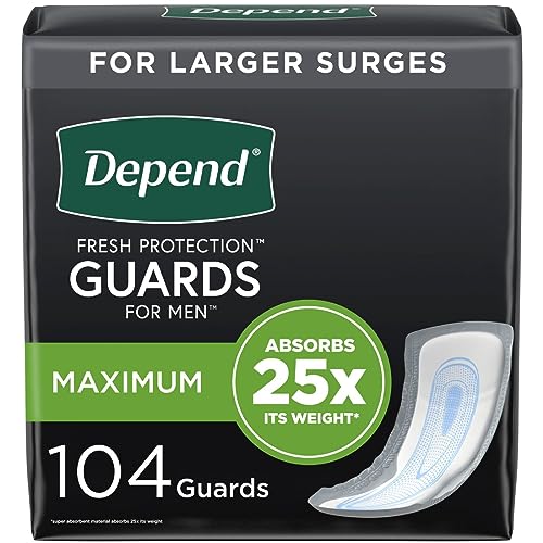 Depend Incontinence Guards/Incontinence Pads for Men/Bladder Control Pads, Maximum Absorbency, 104 Count (2 Packs of 52), Packaging May Vary