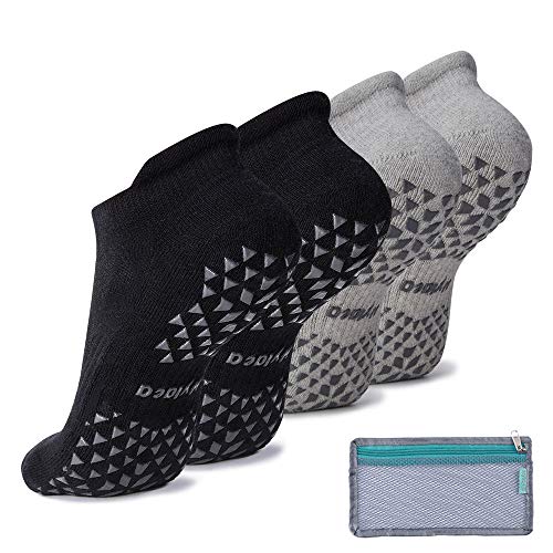 Hylaea Unisex Non Slip Gripper Socks for Yoga, Hospital, Pilates, Barre | Ankle, Cushioned (2 Pairs Black Grey, Small-Medium)