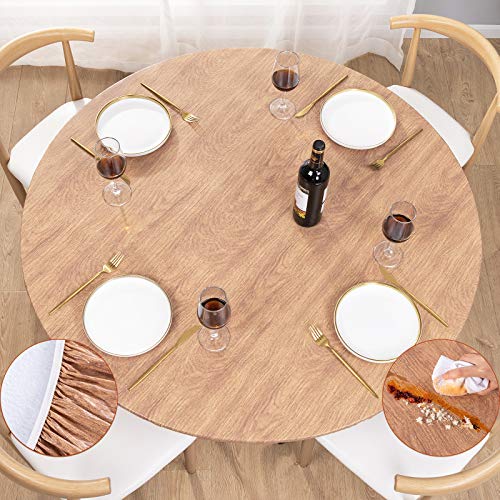 UMINEUX Round Fitted Vinyl Tablecloth with Elastic Edged & Flannel Backing, Waterproof Wipeable Round Table Cover for Indoor Outdoor Patio Use - Fits Tables up to 40' - 44' Diameter(Wood)