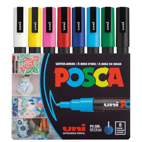 8 Posca Paint Markers, 3M Fine with Reversible Tips, Set of Acrylic Paint Pens for Art Supplies, Fabric Paint, Fabric Markers, Art Markers