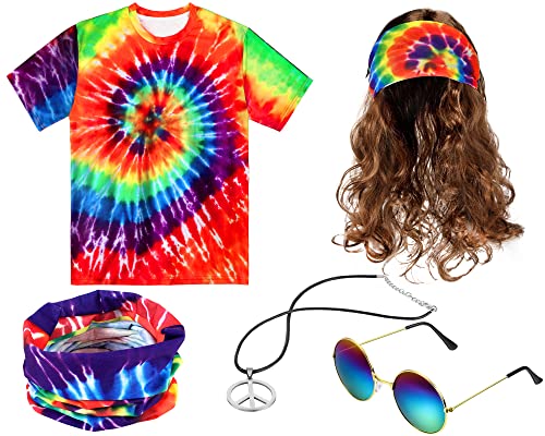 5 Pieces Hippie Costume Include Colorful Tie Dye T-Shirt Peace Sign Necklace Headband Brown Wig Rainbow Color Sunglasses (X-Large)