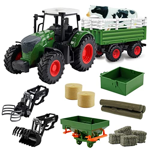 Peagprav Farm Toys Tractor with Trailer-16.5 Inches Tractor Playset 1/24 Scale Gripper Frontloader Spreader for Boys Kids Toddlers Age 3-7 Years Old
