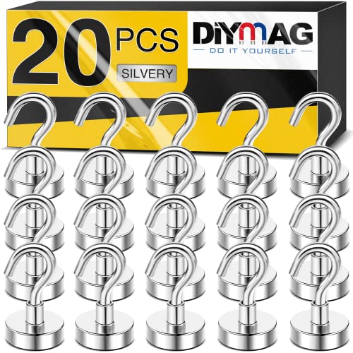 DIYMAG Magnetic Hooks, 30lbs+ Heavy Duty Magnetic Hooks Cruise for Hanging, Super Strong Magnet Hooks for Cruise Cabin, Refrigerator, Classroom, Magnetic Metal Hooks for Grill (Sliver, Pack of 20)