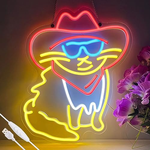 Cool Cowboy Cat Neon Sign for Wall Decor Cowboy Kit Led Neon Light for Kids Room Wedding Birthday Home Party Art Decor Gifts, Dimmable & Powered by USB, 15.7x11.8 inches