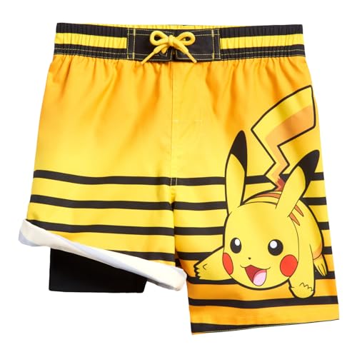 Pokemon Pikachu Little Boys Compression UPF 50+ Swim Trunks Yellow Stripes 5-6