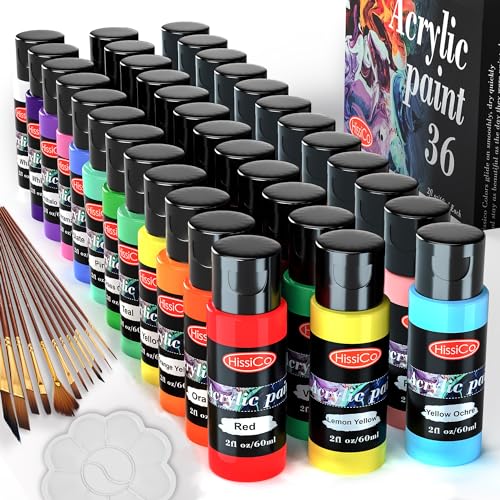 Acrylic Paint Set of 36 Colors 2fl oz 60ml Bottles,Non Toxic 36 Colors Acrylic Paint No Fading Rich Pigment for Kids Adults Artists Canvas Crafts Wood Painting