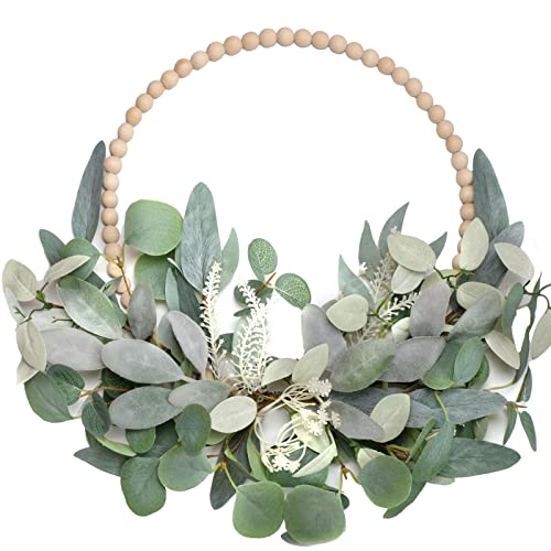 TEMPUS 16' Wood Bead Eucalyptus Leaf Wreath Artificial Green Leaf Wreath Spring Summer Decoration Holiday Party Indoor/Outdoor Farmhouse Wreaths for Front Door Decor