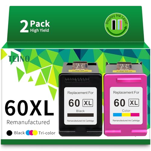 TEINO Remanufactured Ink Cartridge Replacement for HP 60 XL 60XL for PhotoSmart C4780 C4795 C4680 C4650 D110 D110a DeskJet F4480 F4280 F4580 D2530 D2545 Envy 100 Printer (Black, Tri-Color, 2-Pack)