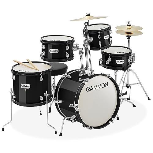 Gammon Percussion 5-Piece Junior Starter Drum Kit with Cymbals, Hardware, Sticks, & Throne - Black