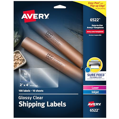 Avery Printable Shipping Labels with Sure Feed, 2' x 4', Glossy Crystal Clear, 100 Blank Mailing Labels (6522)