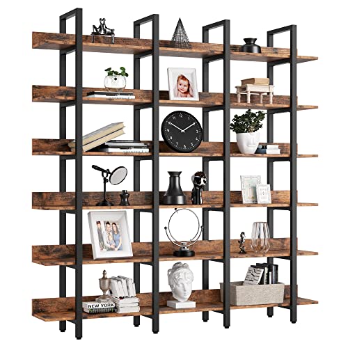 IRONCK Bookcase and Bookshelves Triple Wide 6-Tiers Large Open Shelves, Etagere Bookcases with Back Fence for Home Office Decor, Easy Assembly, Vintage Brown