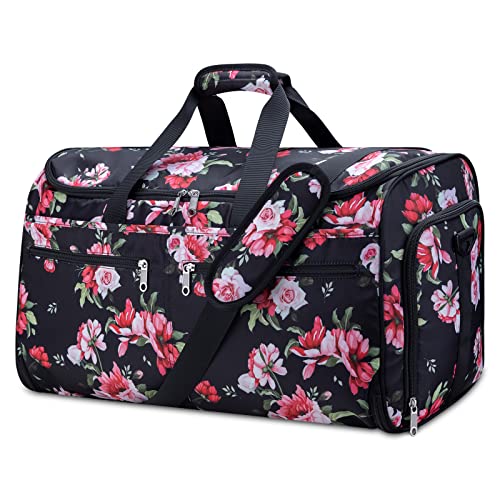 Carry on Garment Bag for Travel, Bukere Convertible Garment Duffle Bags for Women, Suit Travel Bag with Shoe Compartment, 2 in 1 Hanging Dress Suitcase Suit Duffel Bags, Black Peony Floral
