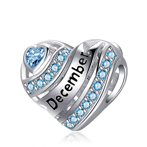 Birthstone Heart Charms for Charms Bracelet-925 Sterling Silver Love Heart Bead Charms For Bracelets and Necklaces, Birthday Gifts For Women. (December)