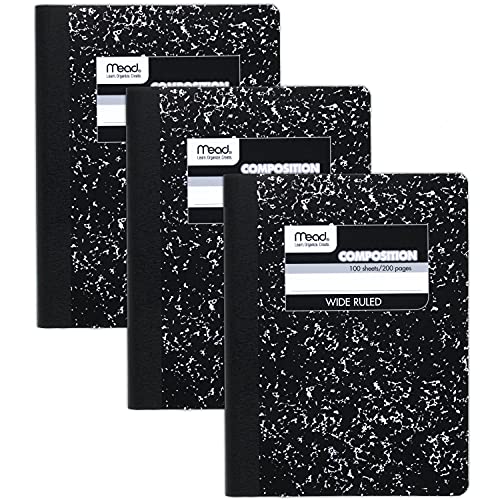 Mead Composition Notebooks, 3 Pack, Wide Ruled Paper, 9-3/4' x 7-1/2', 100 Sheets per Comp Book, Black Marble (38301)