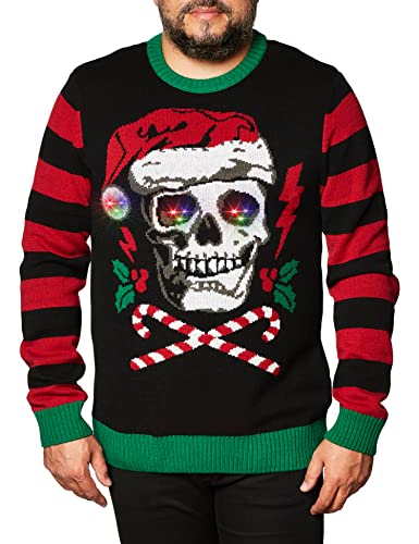 The Ugly Sweater Co. Light Up Ugly Christmas Sweater with LEDs - Snug Fit, Motion Activated Light Up Ugly Sweater Designs. (Black Santa Skull, X-Large)