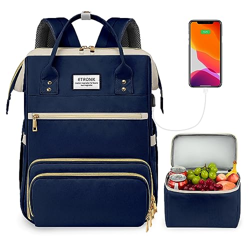 ETRONIK Lunch Backpack for Women, 15.6 Inch Laptop Backpack with USB Port, Stylish Nurse Backpack Teacher Work Bag with Insulated Cooler Lunch Box for Women Men/Travel, Blue