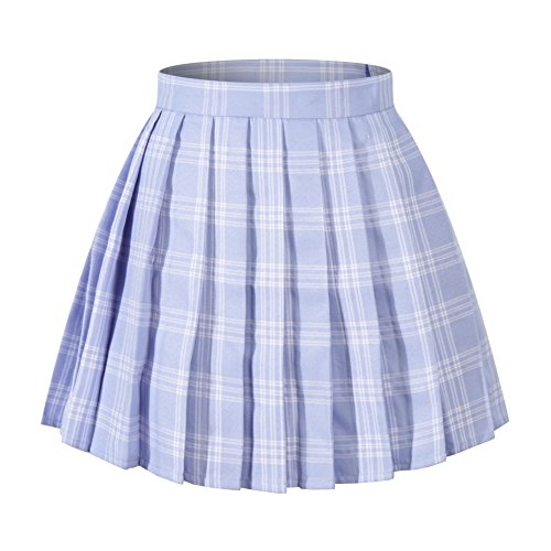 Girl's A-line Kilt Plaid Pleated School Dance Skirts (XS,Blue Mixed White)