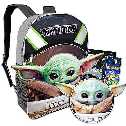 Baby Yoda Backpack with Lunch Box Set - Bundle with 16'' Baby Yoda Backpack, Grogu Lunch Bag, Tote Bag, Stickers, Carabiner, More | Mandalorian Backpack for Kids