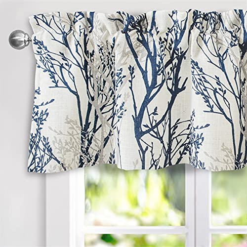 DriftAway Tree Branch Linen Blend Abstract Ink Printing Lined Thermal Insulated Window Linen Curtain Valance Rod Pocket 52 Inch by 14 Inch Plus 2 Inch Header Blue
