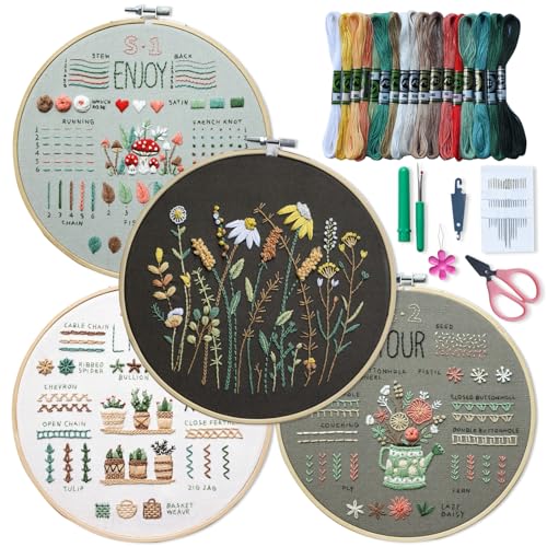 ETSPIL 4 Sets Embroidery Kit for Beginners ，Plant Kits for Adults Learn 33 Different Stitches，Includes Stamped Pattern, Easy to Follow Instruction & Video (Flower D4)