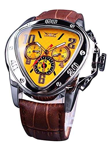 FORSINING Jaragar Automatic Mechanical Wrist Watch Golden for Mens Watches with Leather Band Sport Mechanical Watches Triangle Bezel Design Fashion Yellow Dial