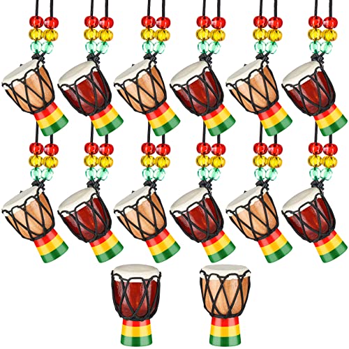 14 Pcs Djembe Drum Necklaces Hand Drum Necklaces Wooden Classic Mini Instrument Pendant African Drum African Bongos Percussion Necklace for Drum Circle Kids Adults Dark Brown and Light Brown