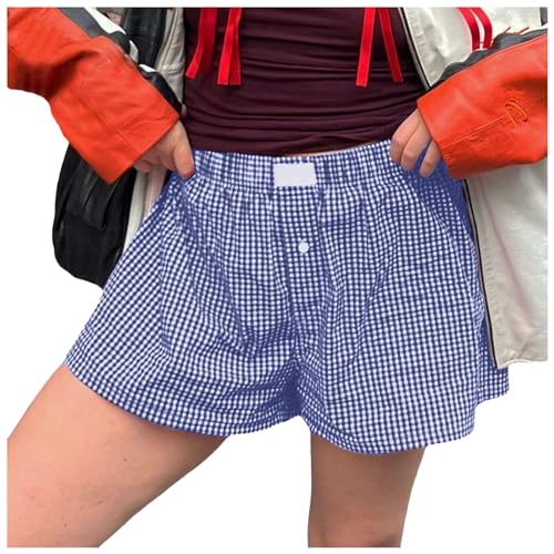 Plaid Shorts Women Pajama Cute Soft Elastic Plaid Print Button Front Pajama Bottoms Boxer Shorts