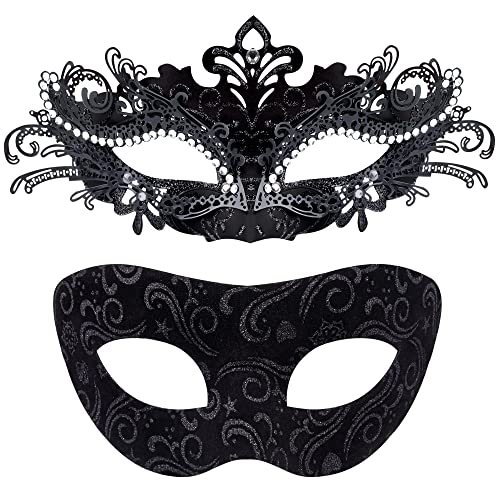 SIQUK Couple Masquerade Masks Set Venetian Party Mask Plastic Halloween Costume Mask Mardi Gras Black Masquerade Mask for Couples Women and Men