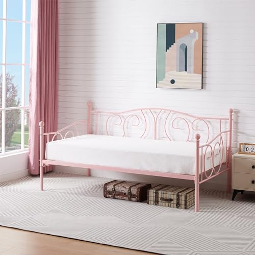 VECELO Metal Daybed Frame Multifunctional Platform Bed Sofa Mattress Foundation with Deluxe Headboard, Twin, Pink