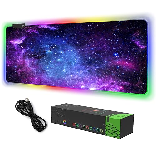DINKY RGB Gaming Mouse Pad, Large Extended Soft Led Mouse Pad with 14 Lighting Modes, Water Resist Keyboard Pad, Computer Keyboard Mousepads Mat 35.4×15.8 inches-Nebula Universe