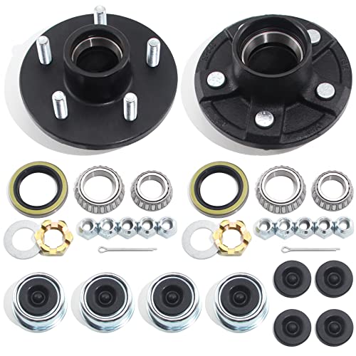 GREPSPUD 2Sets Trailer Hub Kits 5 on 4.5 for 3500 lbs 1-1/16'' to 1-3/8'' Tapered Axle, Idler Hub with Extra Dust Caps & Rubber Plugs, 5x4.5 Trailer Replacement Hub 5 Lug Bolt Trailer Wheel Hub Kit