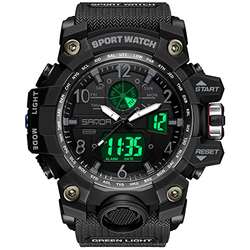 WISHFAN Men’s Military Watch, Dual-Display Waterproof Sports Digital Watch Big Wrist for Men with Alarm (Black)