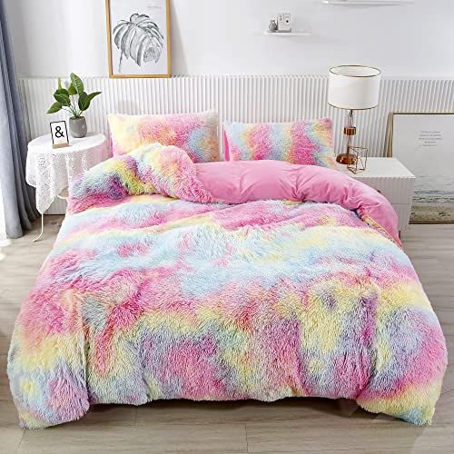 RYNGHIPY 3Pcs Rainbow Girls Bedding Sets Queen Size Ultra Soft Long Hair Plush Shaggy Duvet Cover with Pillowcases Colorful Tie Dye Bedding Set with Hidden Zipper Closure (Colorful Pink,Queen)