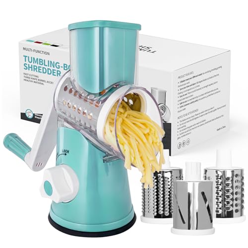 X Home Rotary Cheese Grater, Manual Cheese Shredder with 3 Interchangeable Blades, Mandoline Vegetables Slicer with Strong Suction Base, Easy to Use and Clean, Blue