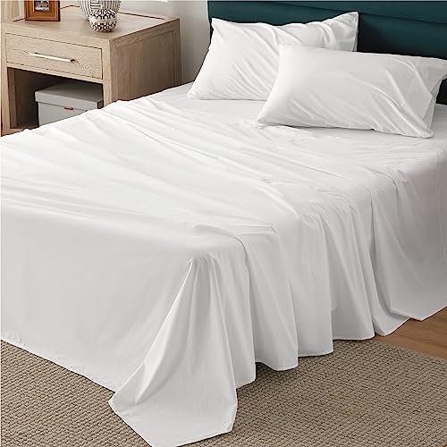 Bedsure 100% Cotton Sheets Queen Size - Soft Percale Sheets, 4 Pieces White Sheet Set, Breathable Cooling Queen Sheets, Cotton Bed Sheets with Deep Pocket Up to 16', Bedding Sheets & Pillowcases