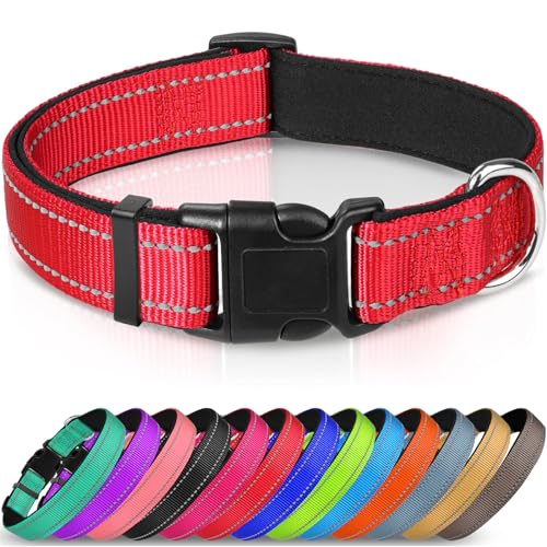 Joytale Reflective Dog Collar,Soft Neoprene Padded Breathable Nylon Pet Collar Adjustable for Large Dogs,Red,L