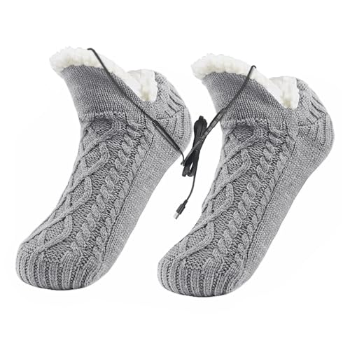 PURFUN Electric Heated Fleece Socks Slippers for Men Women, Winter USB Heating Pad Bootie Knitted Socks Foot Heater Anti-Slip Thermal Home Indoor Slippers Footwear Foot Warmer