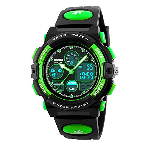 Kid's Digital Watch LED Outdoor Sports 50M Waterproof Watches Boys Children's Analog Quartz Wristwatch with Alarm - Green