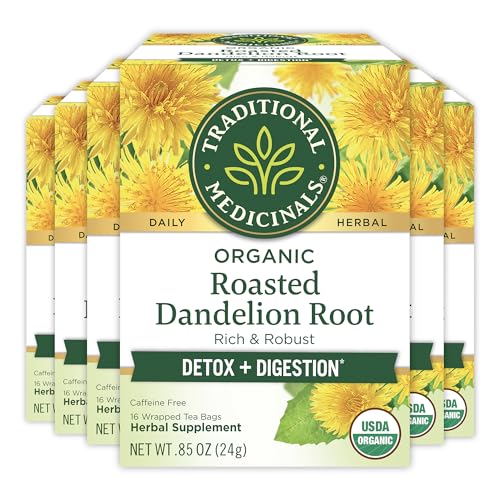 Traditional Medicinals Tea, Organic Roasted Dandelion Root, Supports Kidney Function & Healthy Digestion,16 Count(Pack of 6)