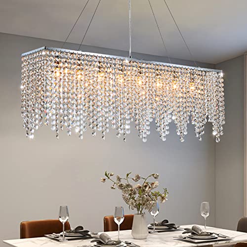 7PM Chandelier for Dining Room, Modern Rectangular Chandelier with K9 Chandelier, 8 Lights Chandelier for Kitchen Island (L40)
