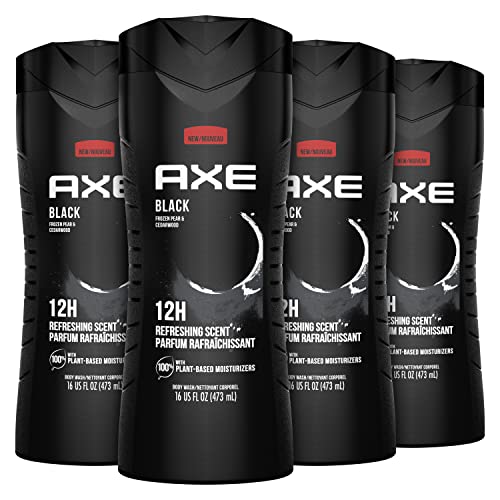 AXE Body Wash Black 4 Count 12h Refreshing Scent Cleanser Frozen Pear & Cedarwood Men's Body Wash with 100% Plant-Based Moisturizers 16 oz