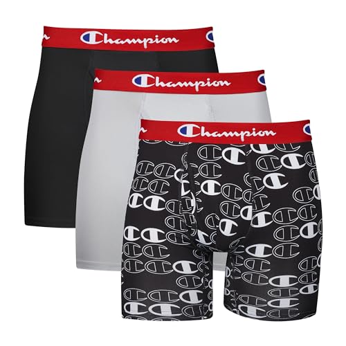 Champion Men's Underwear Boxer Briefs, Everyday Active, Lightweight Stretch, Multi-Pack, New Ebony/New Ebony with C Logo Print Silverstone-3 Pack, Large