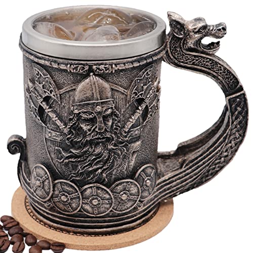 WOKHACH Medieval Viking Mug Beer Stein Tankard,Stainless Steel Drinking Tankard Mug Coffee Cup,Norse Mythology Poetic Gothic Decor Party Decoration Drinkware Gift for Men18OZ(Drakkar Warrior)