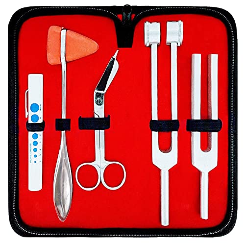 SURGICAL ONLINE Percussion Taylor Reflex Hammer + C 128 & C 512 Tuning Forks + Bandage Scissors + Pupil Gauge Pen Light in Carrying Case - 6-Piece Set (Silver)