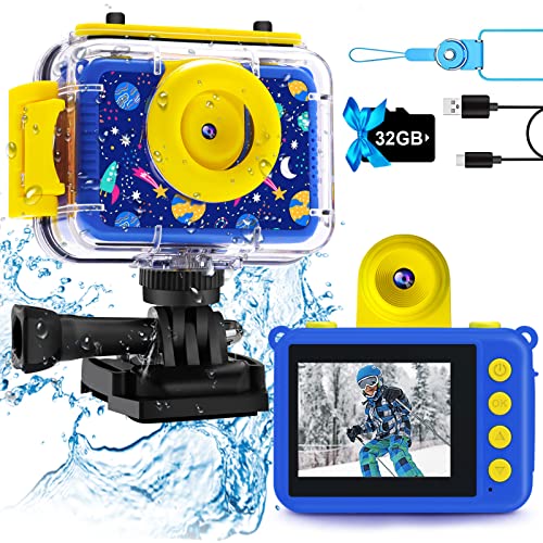 GKTZ Kids Waterproof Camera - Underwater Camera Birthday Gifts for Girls Boys Children Digital Action Camera with 32GB SD Card, Pool Toys for Kids Age 4 5 6 7 8 10