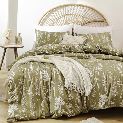 JANZAA 3 Pieces Duvet Covers Queen Size Floral Cover White Botanical Printed on Qlive Geen Soft Bed with Zipper Closure 4 Ties All Season Using(2 Pillow Cases)