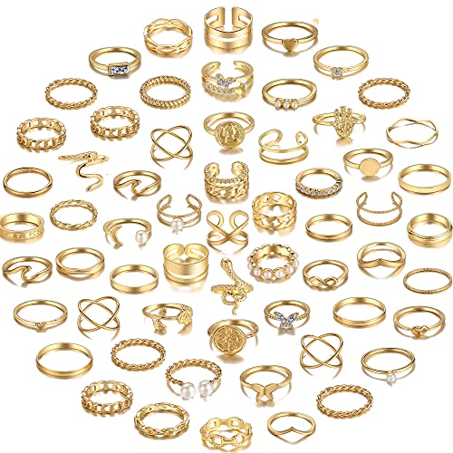 YEEZII 68 Pcs Gold Knuckle Rings Set for Women Girls, Stackable Rings Boho Joint Finger Midi Rings Silver Hollow Carved Crystal Stacking Rings Pack for Gift