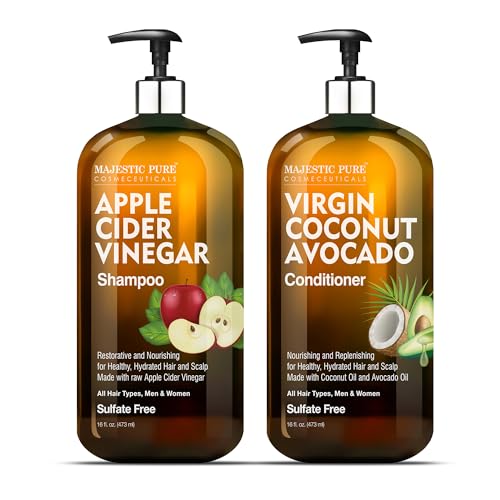 MAJESTIC PURE Apple Cider Vinegar Shampoo and Avocado Coconut Conditioner Set - Restores Shine & Reduces Itchy Scalp, Dandruff & Frizz - Sulfate Free, for All Hair Types, Men and Women - 2 x 16 fl oz